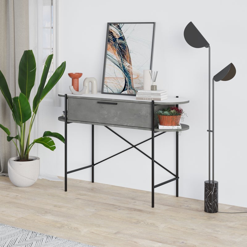 Mourah Home Otis Modern Console Table With Drawer & Open Shelves â€“ Metal Frame Entryway Table For Living Room, Hallway & Bedroom- Retro Grey/ White- 2 Years Warranty - Image 2